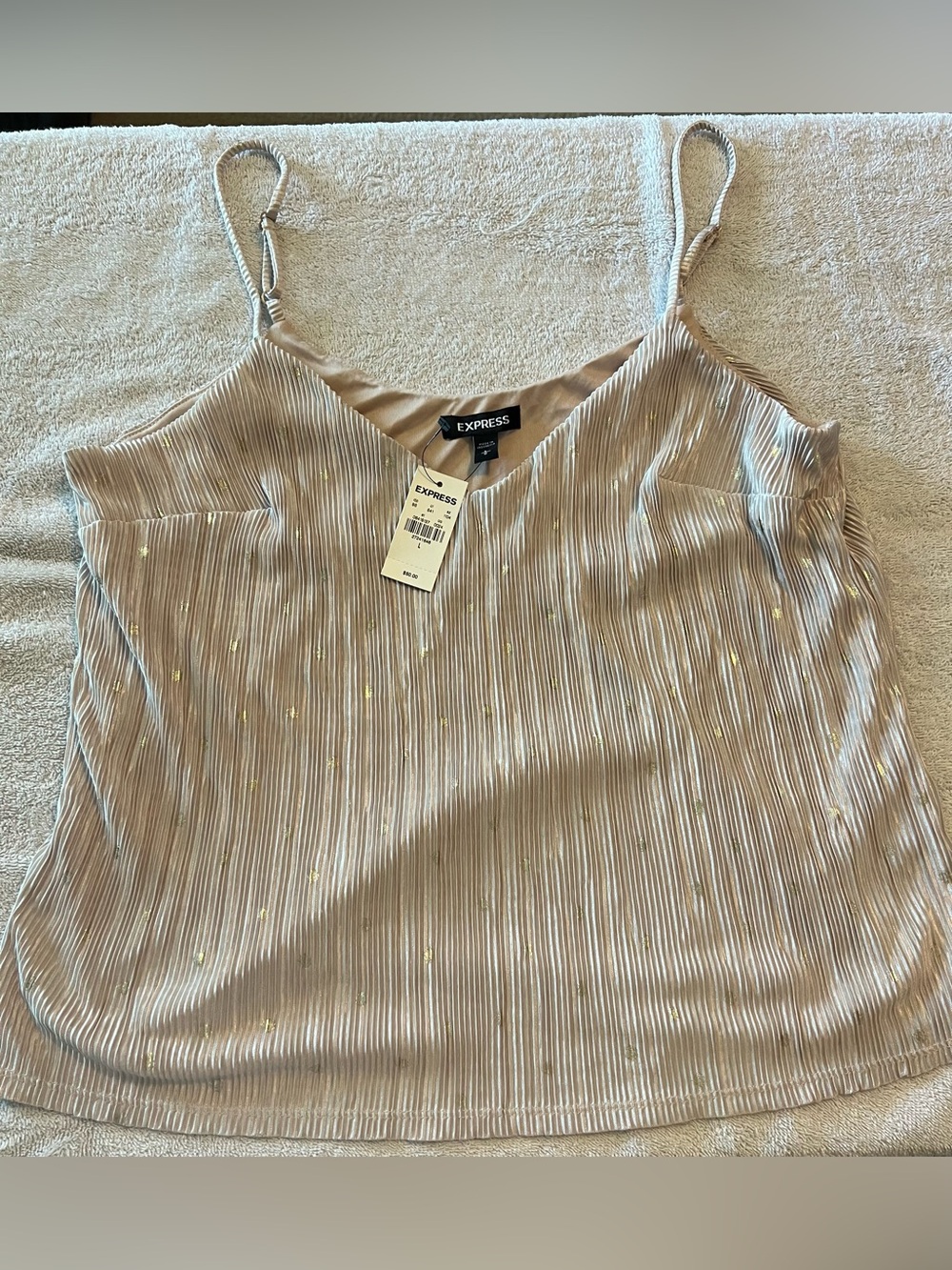 Express Metallic-Accent Beige Pleated Cami Top